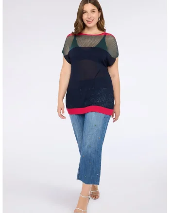 Bluza semi-transparenta cu maneci scurte, Negru/Rosu vermillion