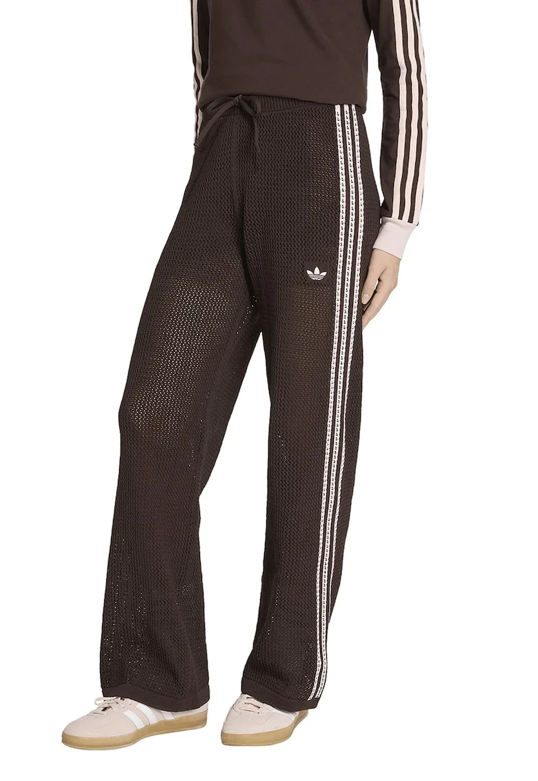 Pantaloni crosetati cu perforatii si logo, Alb fildes/Maro