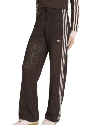 Pantaloni crosetati cu perforatii si logo, Alb fildes/Maro