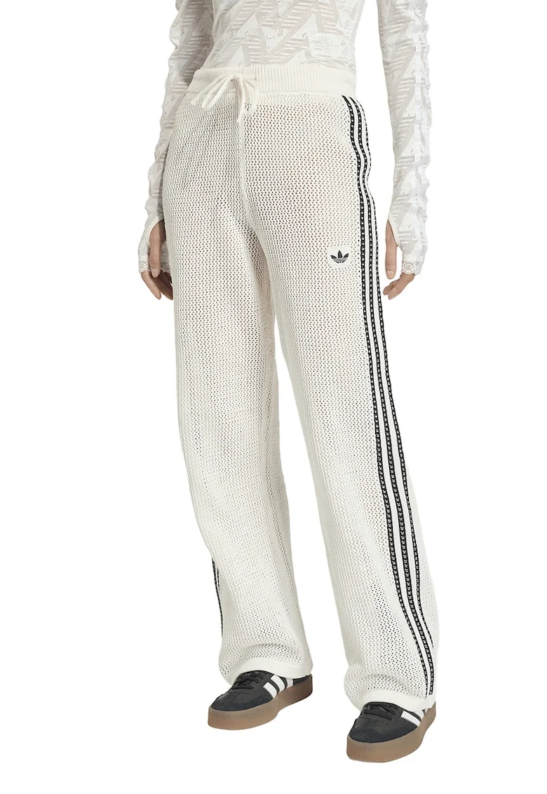 Pantaloni crosetati cu perforatii si logo, Alb/Negru stins