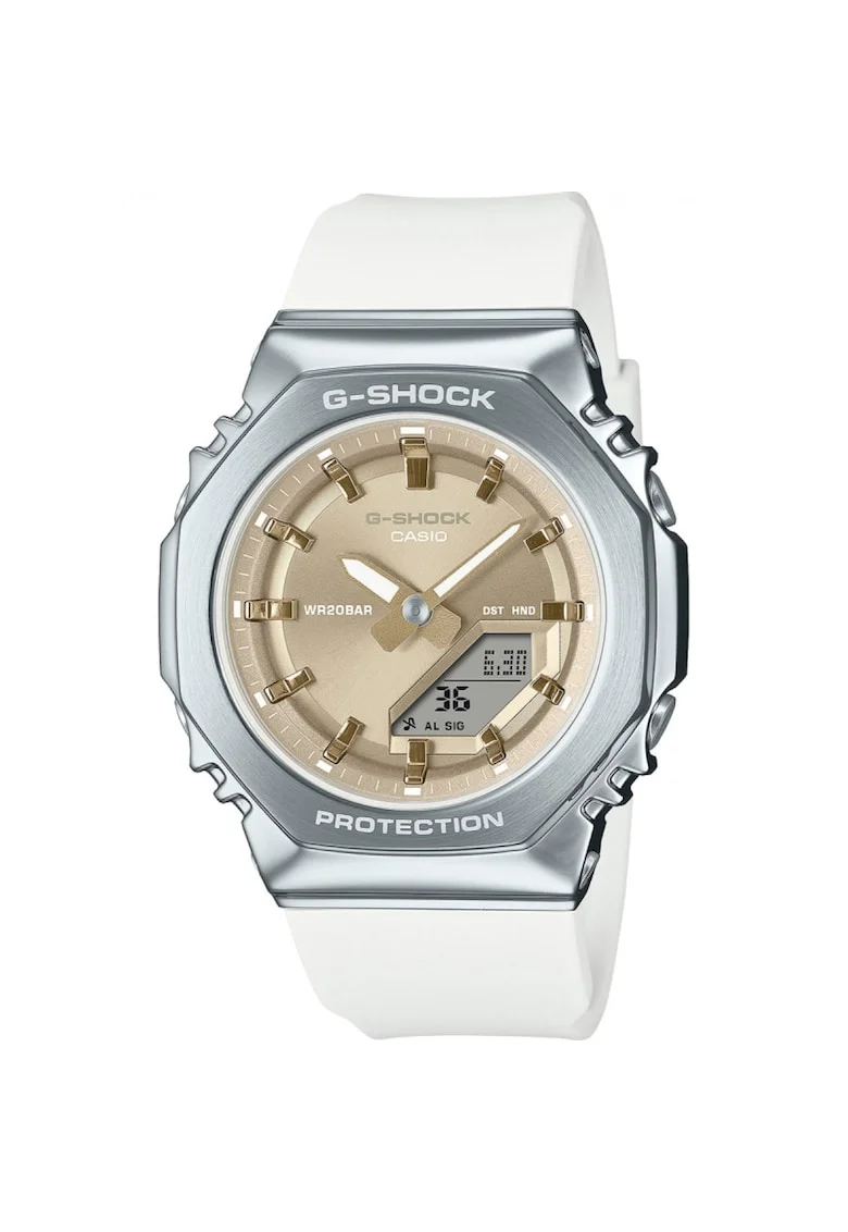 Ceas G-SHOCK Casio 40 mm, curea alba din cauciuc, carcasa din inox, cadran auriu, rezistent la apa 20 ATM
