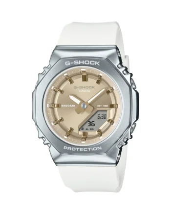 Ceas G-SHOCK Casio 40 mm, curea alba din cauciuc, carcasa din inox, cadran auriu, rezistent la apa 20 ATM