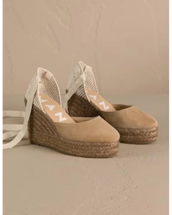 Sandale wedge de piele cu bareta infasurabila, Alb fildes/Maro taupe deschis