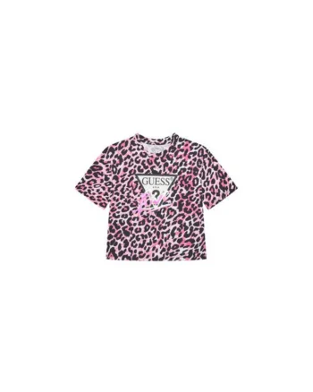 Tricou din amestec de bumbac organic cu decolteu la baza gatui si model animal print
