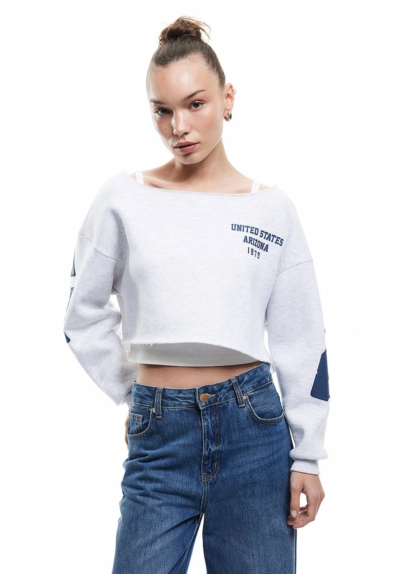 Bluza de trening crop cu croiala lejera, Albastru inchis/Gri melange