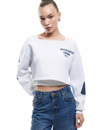 Bluza de trening crop cu croiala lejera, Albastru inchis/Gri melange