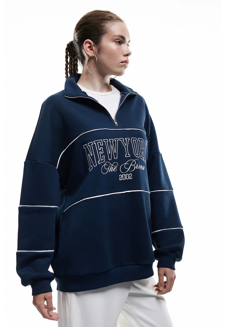 Bluza de trening lejera cu fermoar scurt, Bleumarin