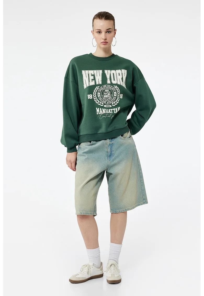 Bluza de trening relaxed-fit cu imprimeu, Alb fildes/Verde feriga