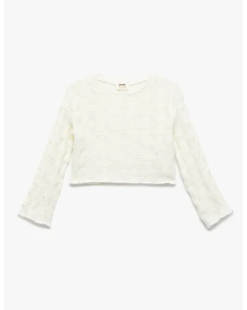 Pulover crop din tricot, Alb fildes