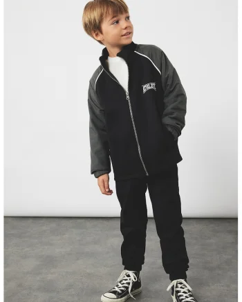 Bluza de trening cu design text si fermoar, Negru/Gri inchis