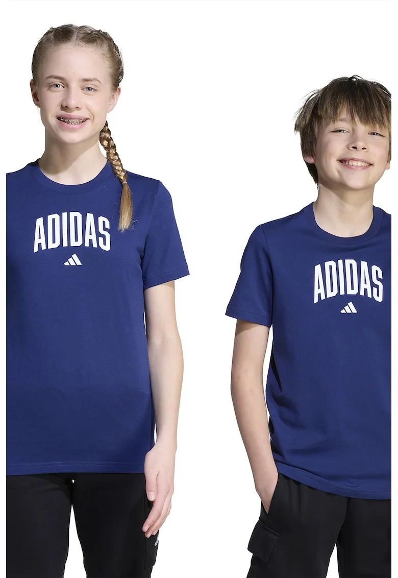 Tricou din bumbac cu decolteu la baza gatului si logo, Albastru inchis