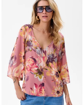 Bluza cu decolteu in V si imprimeu floral