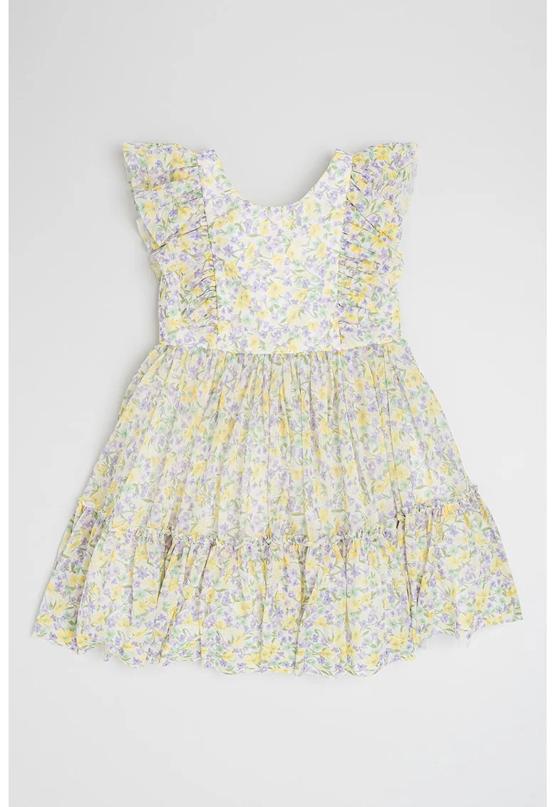 Rochie cu model floral, fara maneci, Alb/Galben/Verde deschis