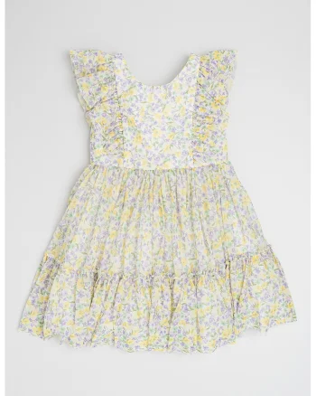 Rochie cu model floral, fara maneci, Alb/Galben/Verde deschis