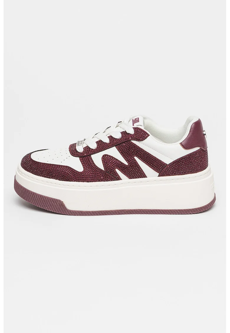 Pantofi sport flatform decorati cu strasuri, Alb/Violet pruna
