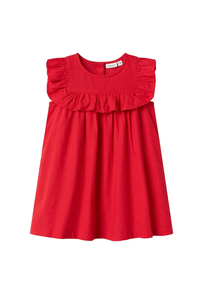 Rochie din bumbac si in, cu volanase, Rosu