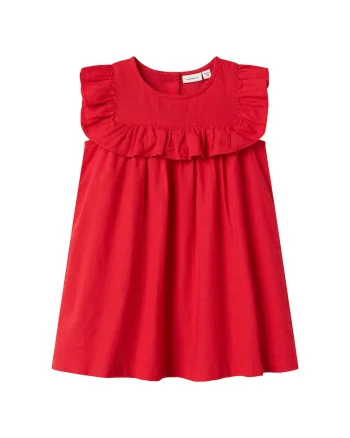 Rochie din bumbac si in, cu volanase, Rosu