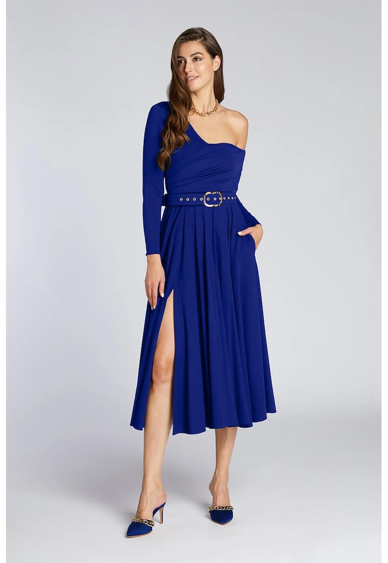 Rochie cu decolteu pe un umar si slit lateral, Bleumarin