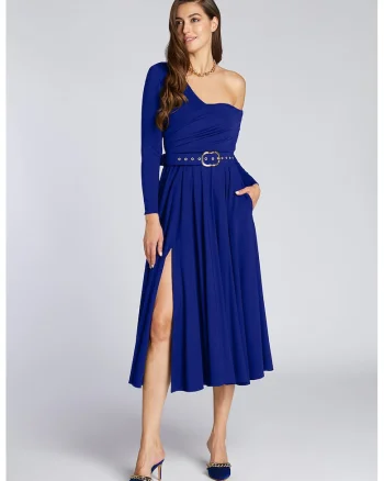 Rochie cu decolteu pe un umar si slit lateral, Bleumarin