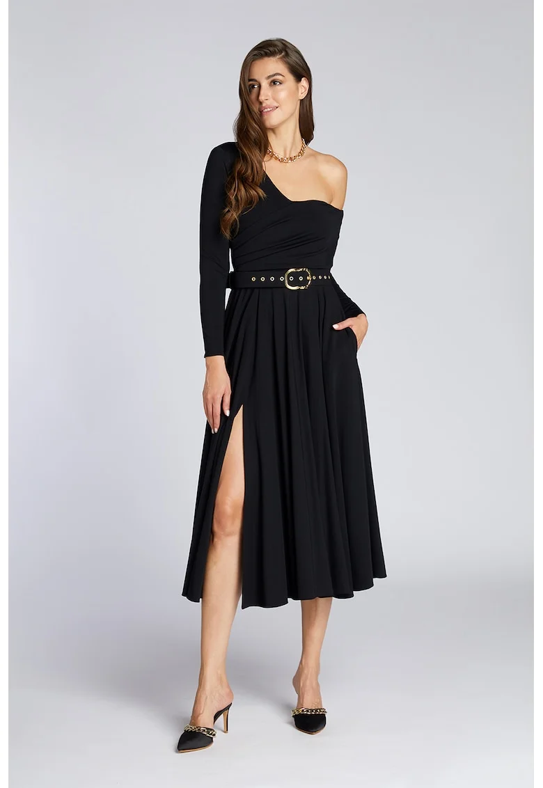 Rochie cu decolteu pe un umar si slit lateral, Onyx Black