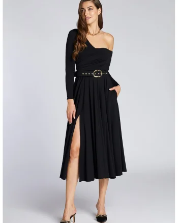 Rochie cu decolteu pe un umar si slit lateral, Onyx Black