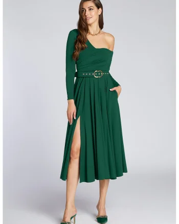Rochie cu decolteu pe un umar si slit lateral, Verde salvie