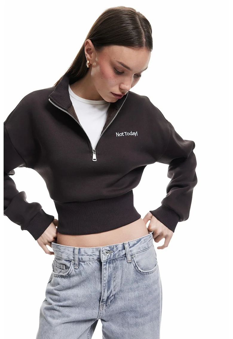 Bluza de trening crop cu fenta cu fermoar, Maro inchis