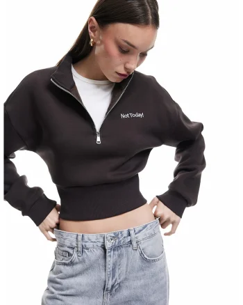 Bluza de trening crop cu fenta cu fermoar, Maro inchis