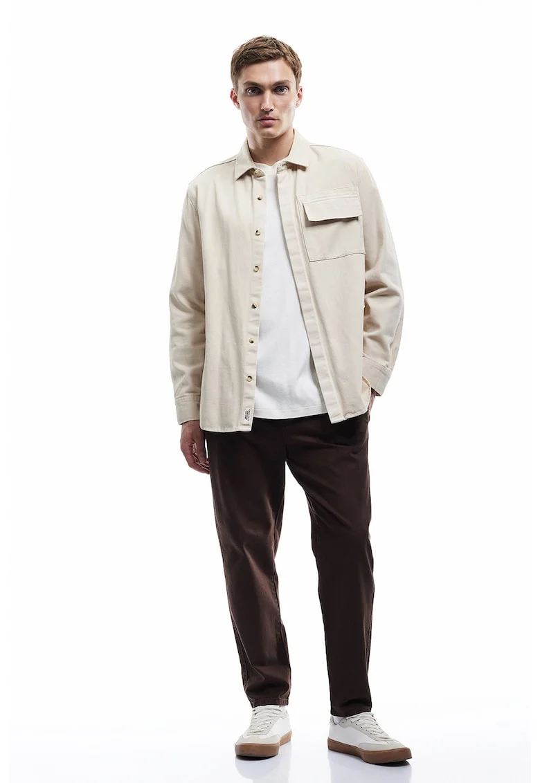 Pantaloni relaxed fit din bumbac cu talie medie, Maro inchis