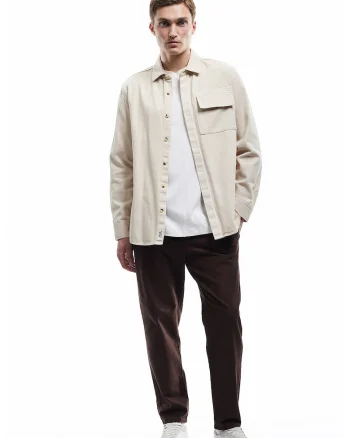 Pantaloni relaxed fit din bumbac cu talie medie, Maro inchis