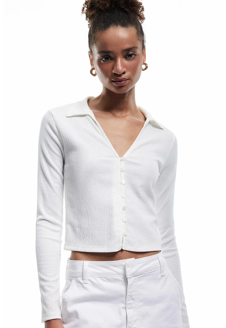 Bluza crop cu decolteu in V, Alb murdar