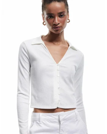 Bluza crop cu decolteu in V, Alb murdar