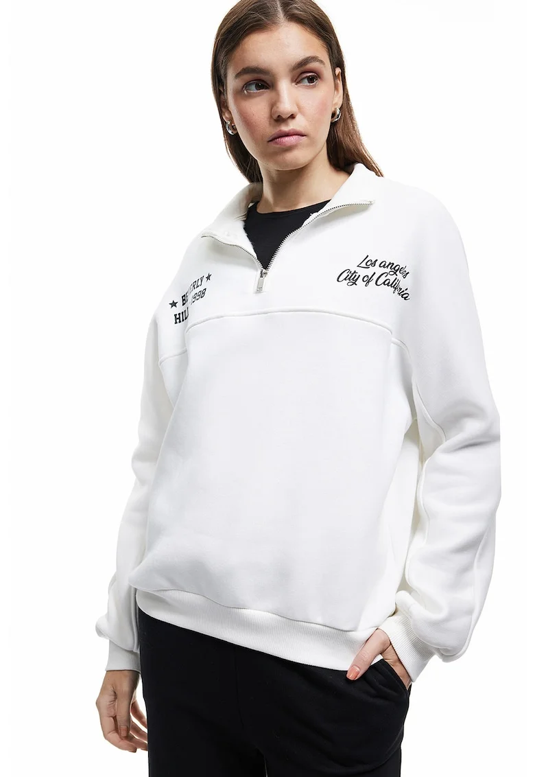 Bluza de trening supradimensionata cu imprimeu text pe partea din spate, Alb fildes/Negru