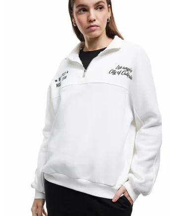 Bluza de trening supradimensionata cu imprimeu text pe partea din spate, Alb fildes/Negru