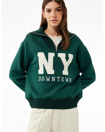 Bluza de trening cu imprimeu si maneci cazute, Verde inchis