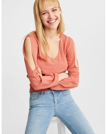 Bluza cu decolteu in V si decupaje pe brate, Roz somon