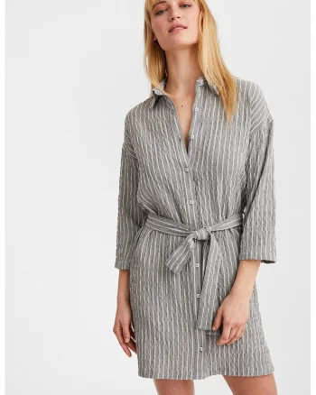 Rochie cu model in dungi si cordon in talie, Alb/Gri deschis