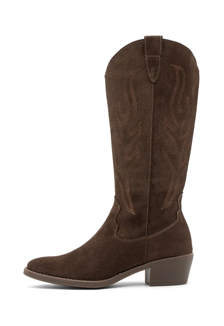 Cizme mid-calf cowboy din piele intoarsa Leyla, Maro inchis