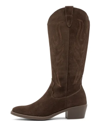 Cizme mid-calf cowboy din piele intoarsa Leyla, Maro inchis