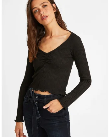 Pulover crop tricotat fin, Negru