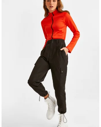 Pantaloni crop cu talie inalta, Negru