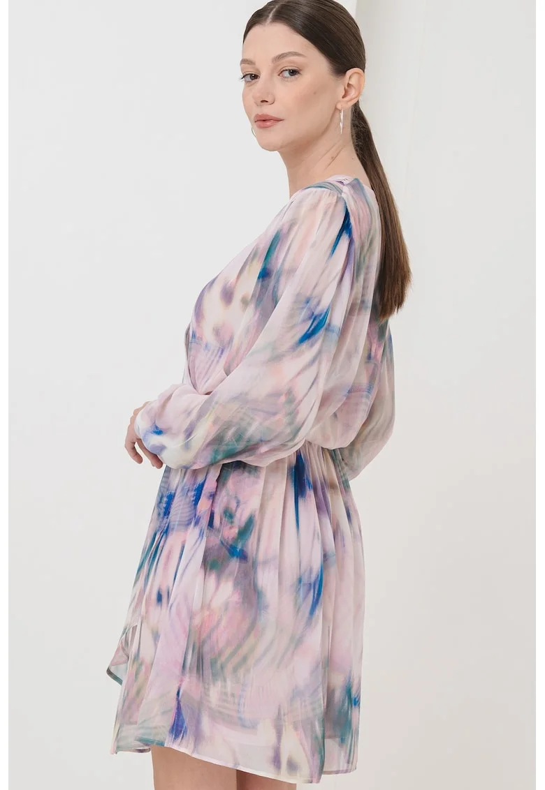 Rochie scurta cu croiala in A, model tie-dye si maneci lungi, Verde/Albastru pal