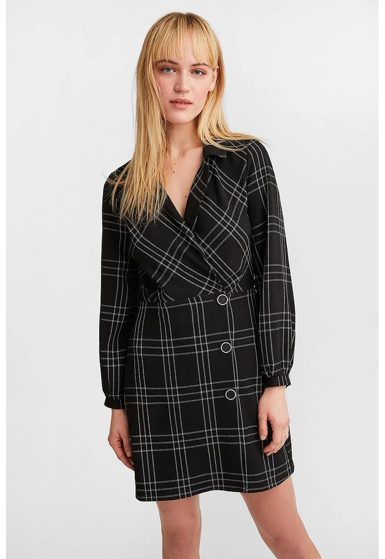 Rochie scurta cu model in carouri, Alb/Negru