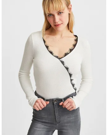 Bluza slim fit striata cu detalii de dantela, Alb