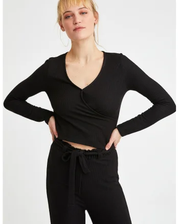 Bluza crop cu maneci lungi si decolteu in V, Negru