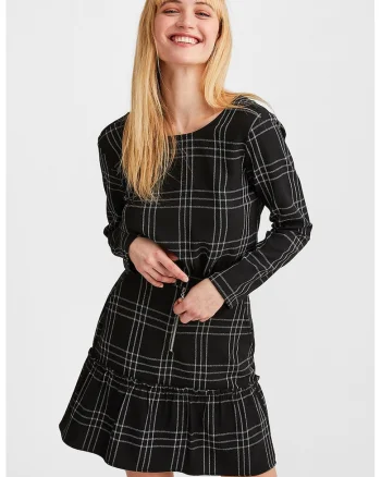 Fusta mini cu model in carouri si terminatie cu volane, Alb/Negru