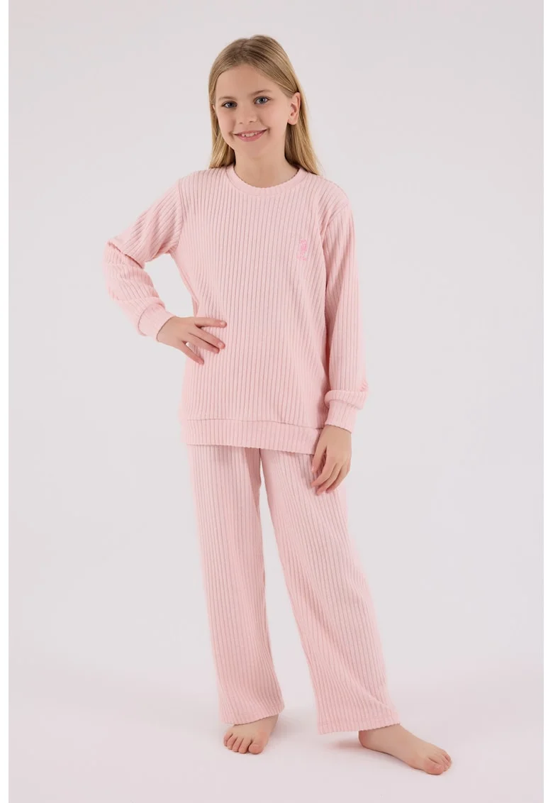 Set de pantaloni si bluza striata cu croiala lejera - 2 piese, Roz deschis