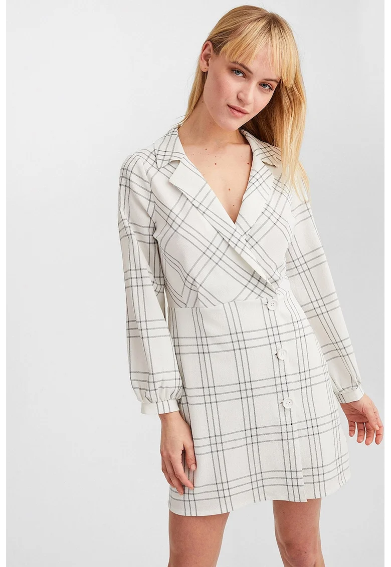 Rochie scurta cu model in carouri, Negru/Alb murdar