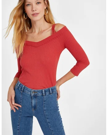 Pulover slim fit cu decolteu pe umeri si maneci 3/4, Coral