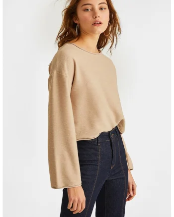 Pulover cu model uni si maneci cazute, Maro nisip